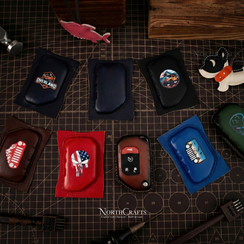 Leather Key Fob Cover for Jeep Wrangler Gladiator Rubicon - Custom Logo Engraved | NorthCrafts