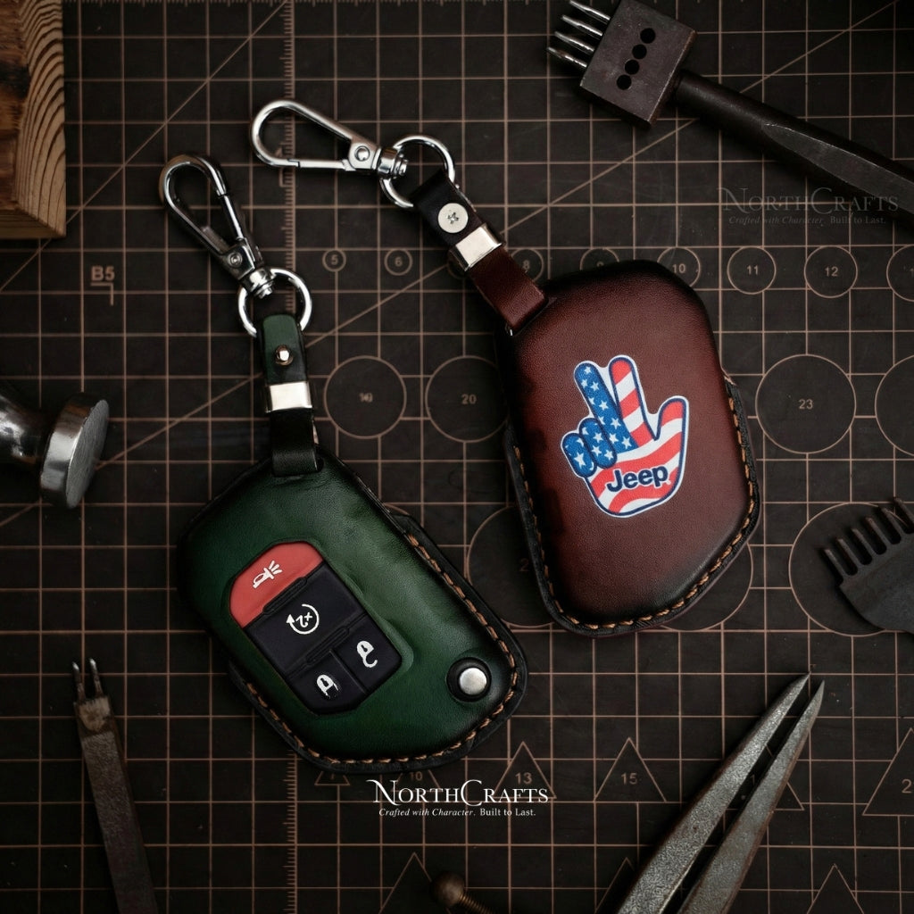 Leather Key Fob Cover for Jeep Wrangler Gladiator Rubicon - Custom Logo Engraved | NorthCrafts