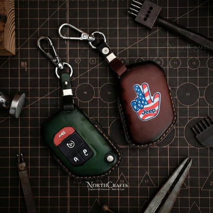 Leather Key Fob Cover for Jeep Wrangler Gladiator Rubicon - Custom Logo Engraved | NorthCrafts