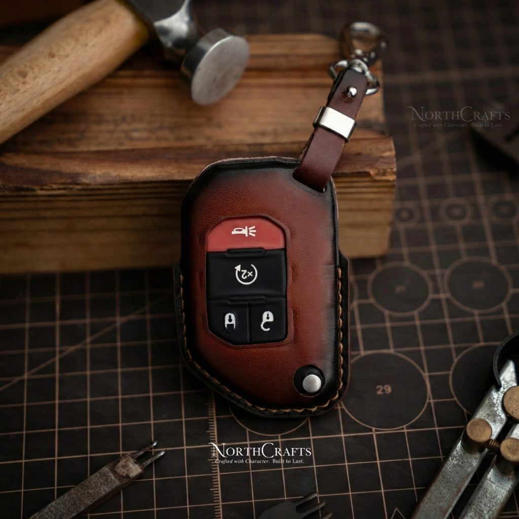 Leather Key Fob Cover for Jeep Wrangler Gladiator Rubicon - Custom Logo Engraved | NorthCrafts
