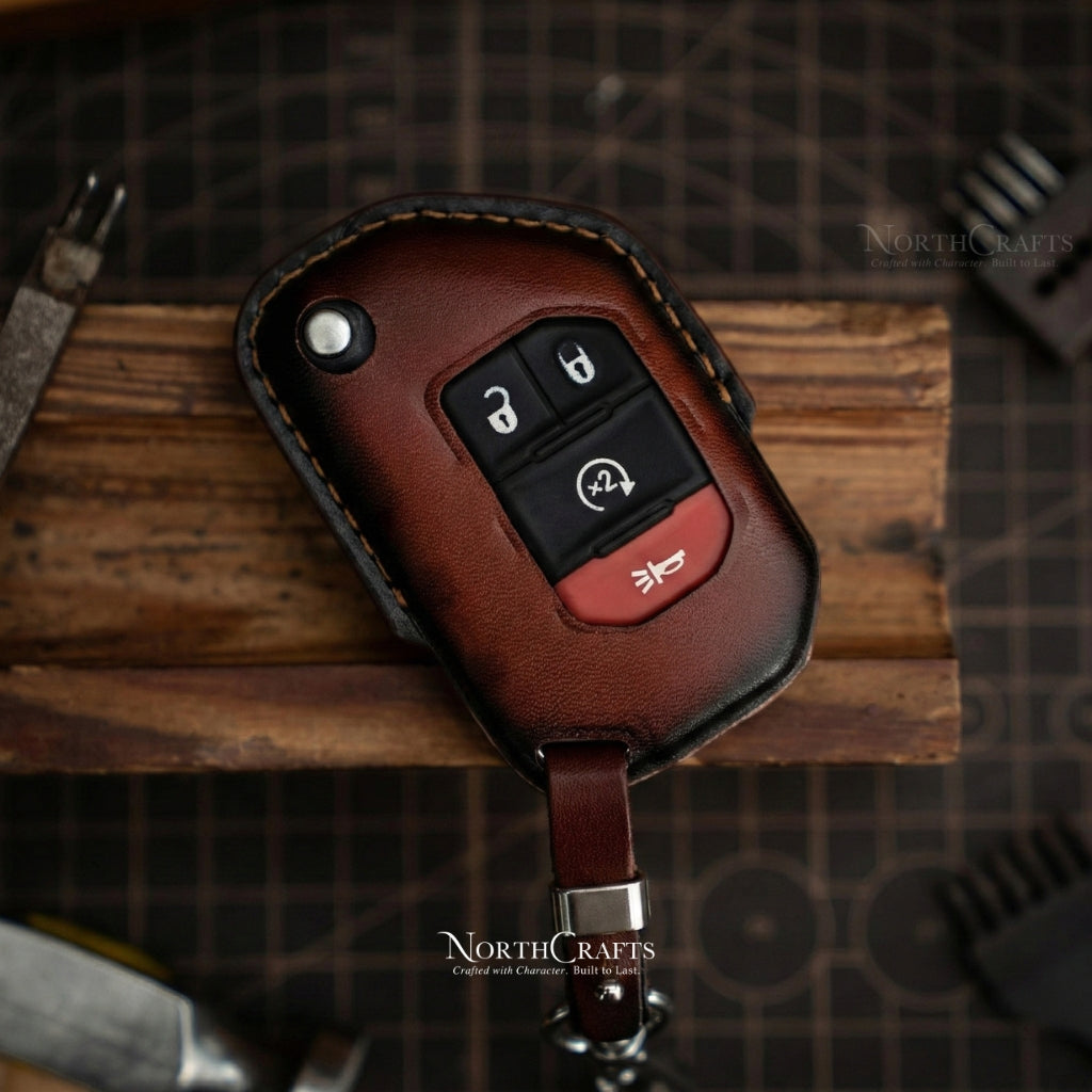 Leather Key Fob Cover for Jeep Wrangler Gladiator Rubicon - Custom Logo Engraved | NorthCrafts