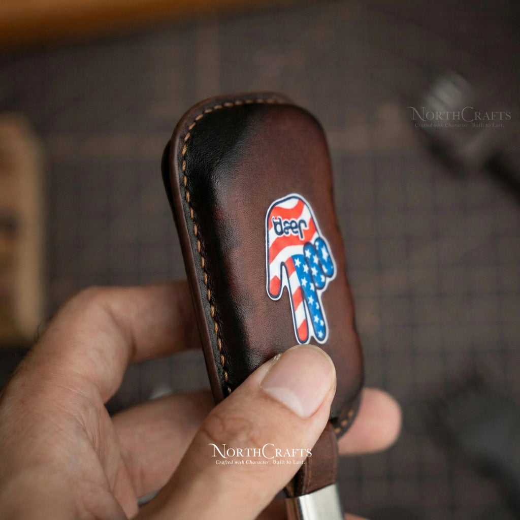 Leather Key Fob Cover for Jeep Wrangler Gladiator Rubicon - Custom Logo Engraved | NorthCrafts