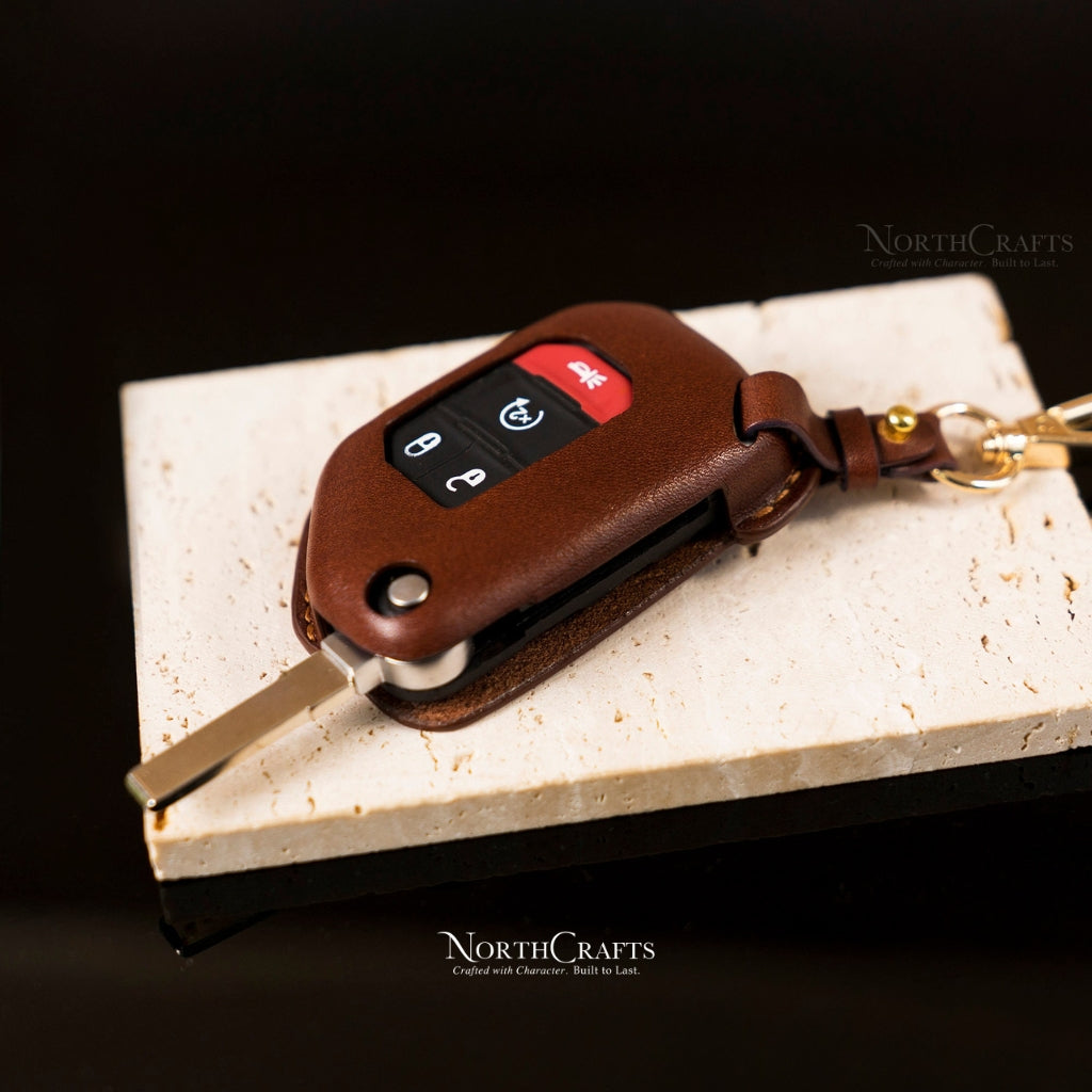 Leather Key Fob Cover for Jeep Wrangler JL JLU Rubicon Gladiator JT Sahara | NorthCrafts