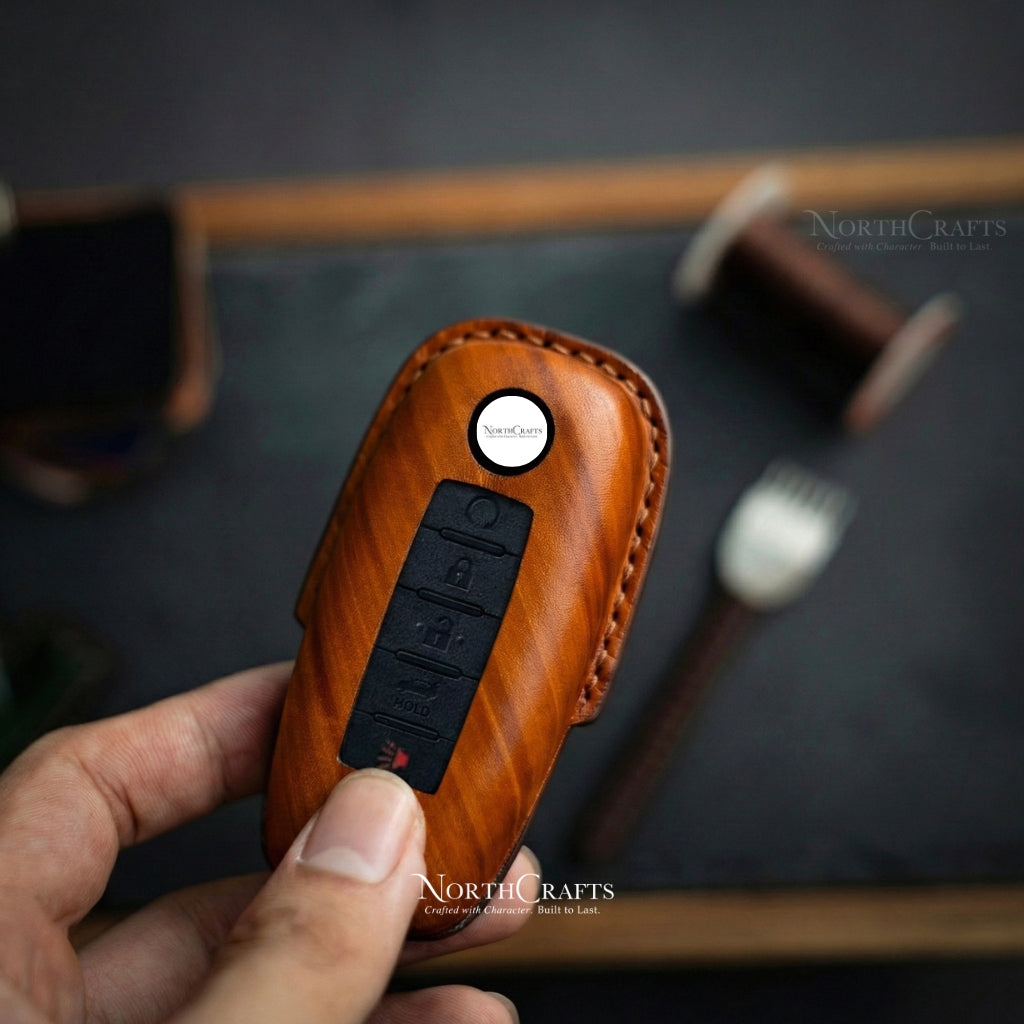 Leather Key Fob Cover for Nissan Ariya Pathfinder Kicks X-Trail Rogue | NorthCrafts