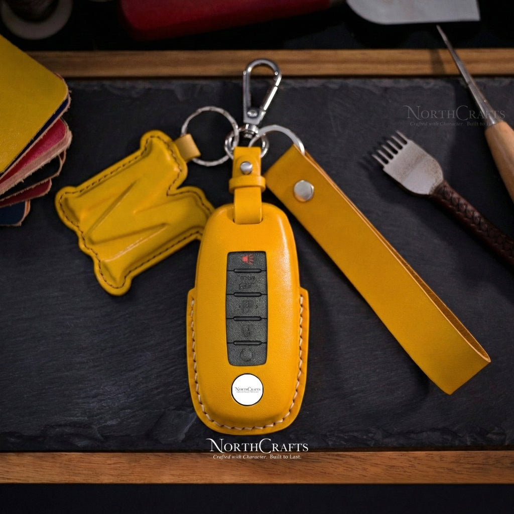 Leather Key Fob Cover for Nissan Ariya Pathfinder Kicks X-Trail Rogue | NorthCrafts