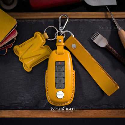 Leather Key Fob Cover for Nissan Ariya Pathfinder Kicks X-Trail Rogue | NorthCrafts
