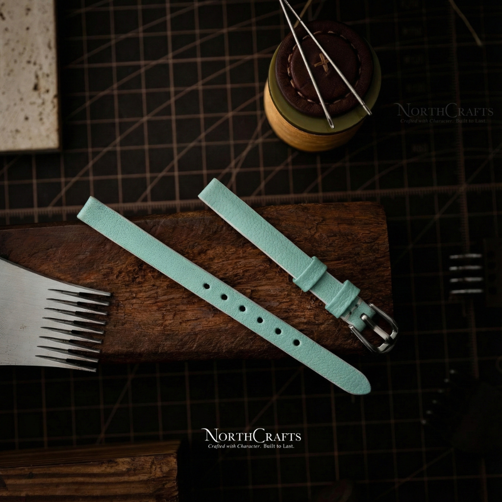 Light Teal Ultra-Slim Leather Watch Strap for Women – Personalized Handmade – NorthCrafts | NorthCrafts
