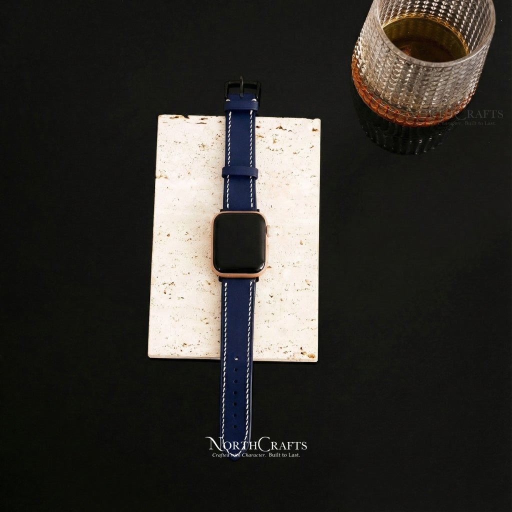 Navy Leather iWatch Band (38mm–49mm) for Apple Watch Series SE2, 11, 10, 9, 8 & 7 – Personalized Handmade – NorthCrafts | NorthCrafts