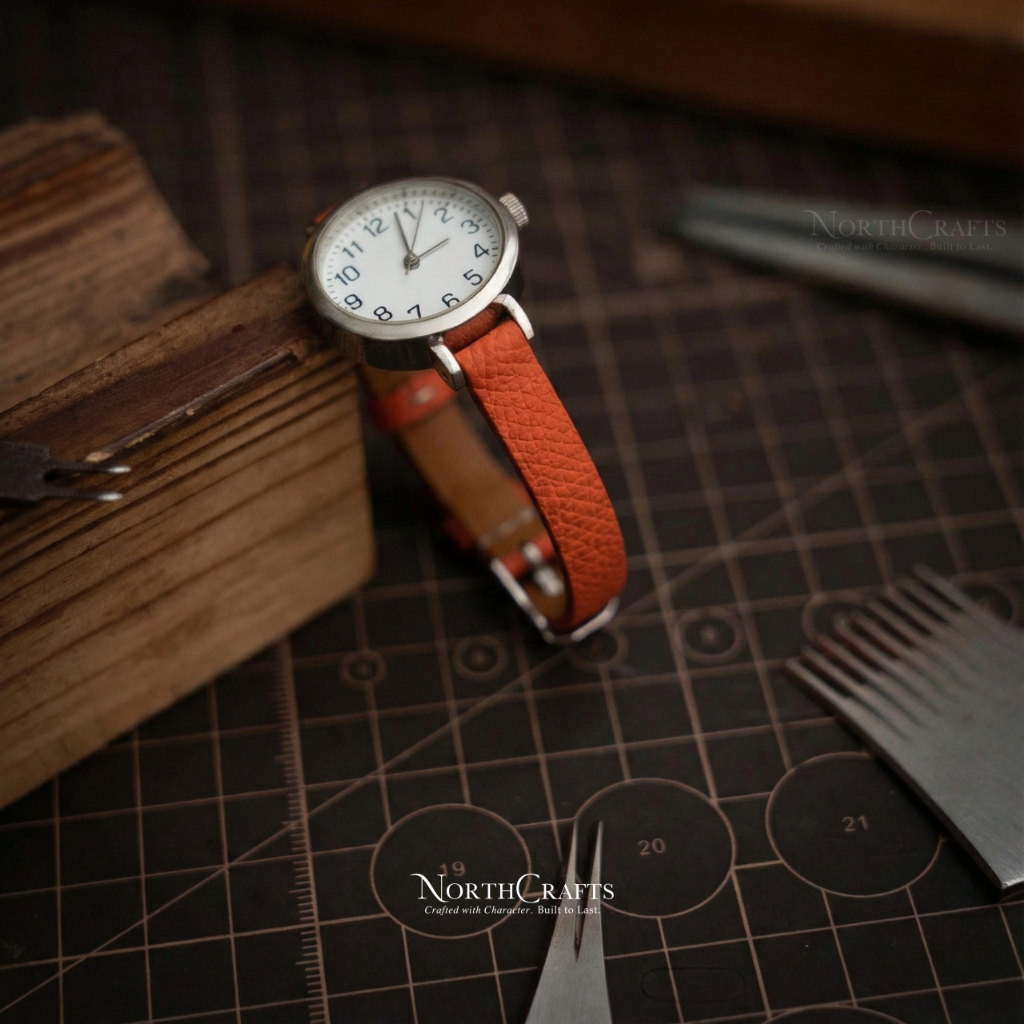 Orange Leather Watch Strap for Women (8mm–14mm) – Personalized Handmade – NorthCrafts | NorthCrafts