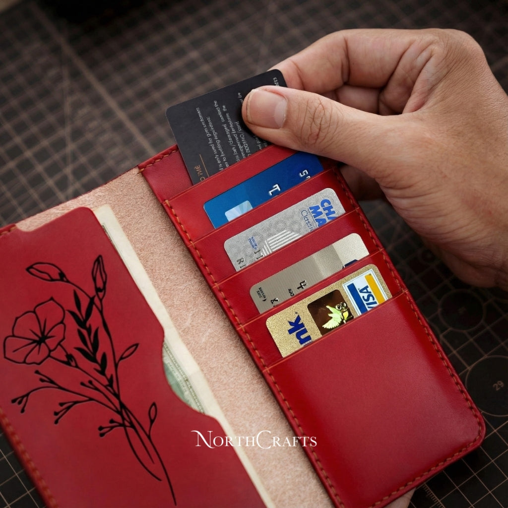 Personalized Handcrafted Birth Flower Leather A7 Cash Envelope Long Wallet with Bank Deposit Pouch – NorthCrafts