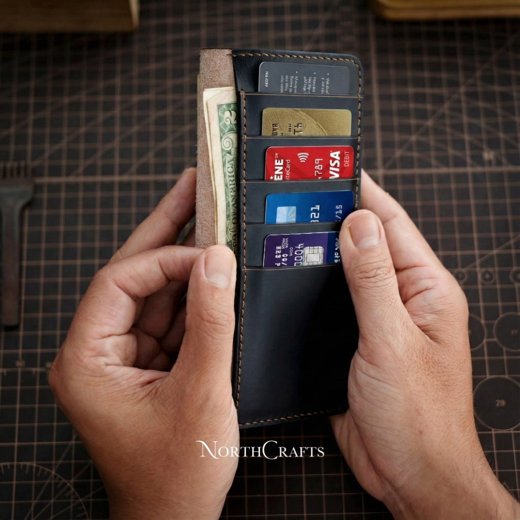 Personalized Handcrafted Birth Flower Leather A7 Cash Envelope Long Wallet with Bank Deposit Pouch – NorthCrafts