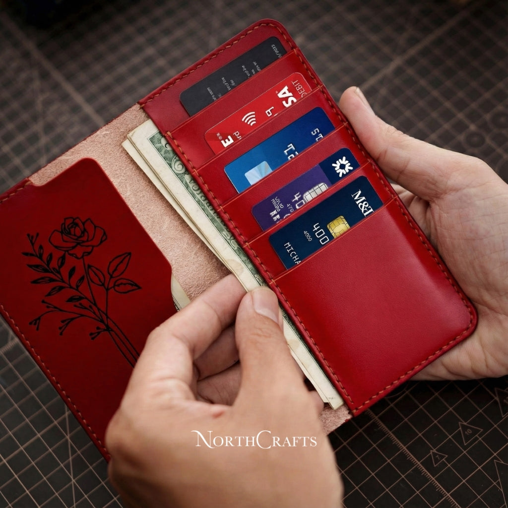 Personalized Handcrafted Birth Flower Leather A7 Cash Envelope Long Wallet with Bank Deposit Pouch – NorthCrafts