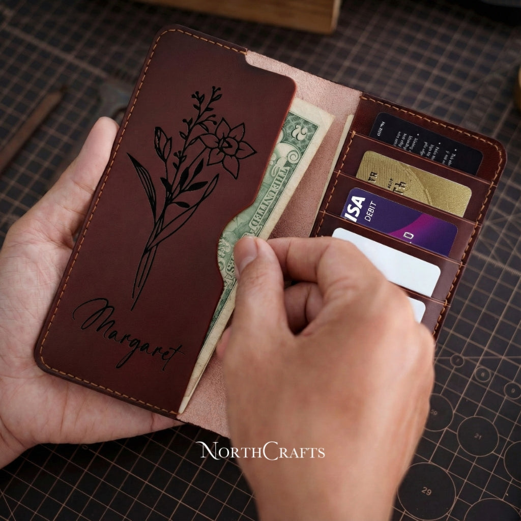 Personalized Handcrafted Birth Flower Leather A7 Cash Envelope Long Wallet with Bank Deposit Pouch – NorthCrafts