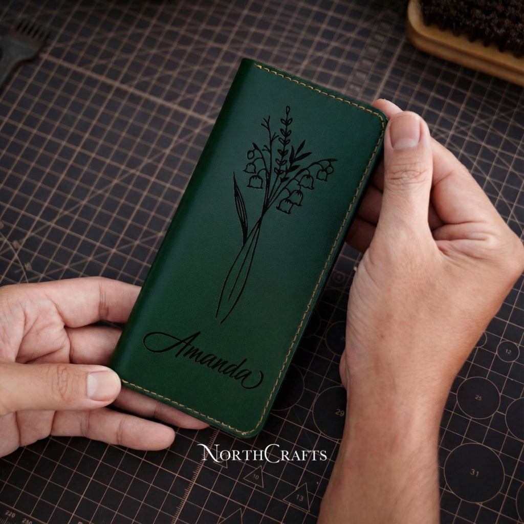 Personalized Handcrafted Birth Flower Leather A7 Cash Envelope Long Wallet with Bank Deposit Pouch – NorthCrafts