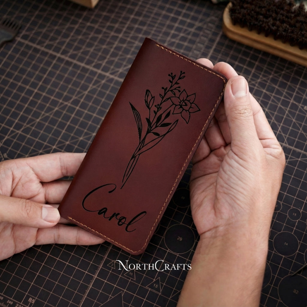 Personalized Handcrafted Birth Flower Leather A7 Cash Envelope Long Wallet with Bank Deposit Pouch – NorthCrafts