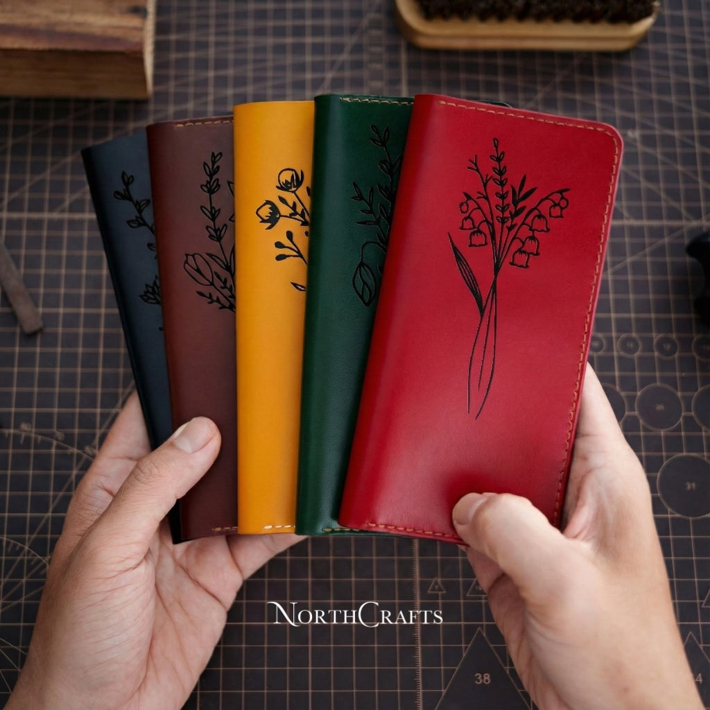 Personalized Handcrafted Birth Flower Leather A7 Cash Envelope Long Wallet with Bank Deposit Pouch – NorthCrafts