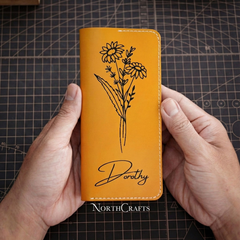 Personalized Handcrafted Birth Flower Leather A7 Cash Envelope Long Wallet with Bank Deposit Pouch – NorthCrafts
