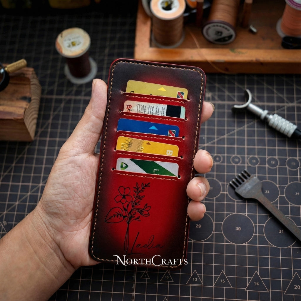 Personalized Handcrafted Birth Flower Minimal Leather Card Holder Wallet – NorthCrafts