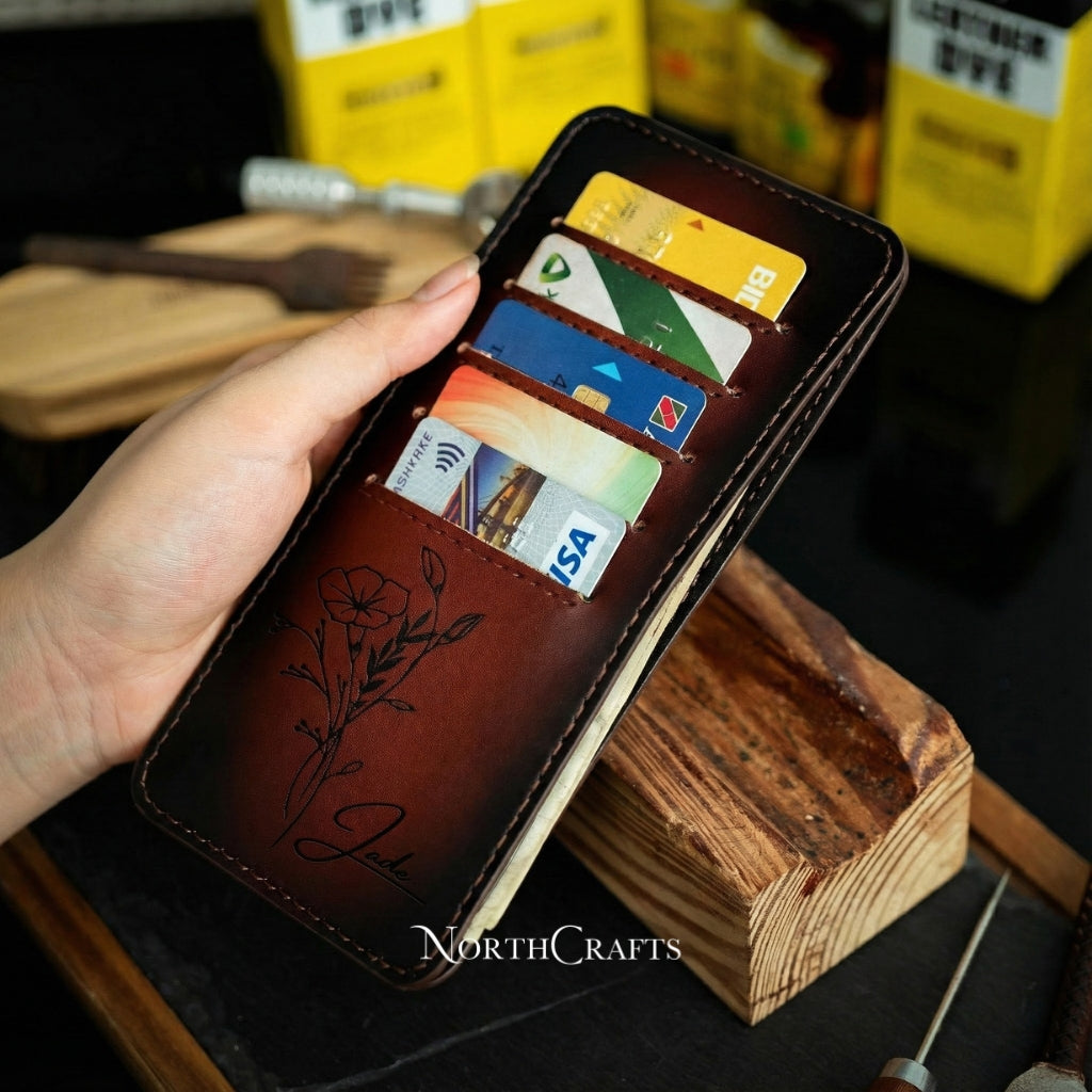 Personalized Handcrafted Birth Flower Minimal Leather Card Holder Wallet – NorthCrafts