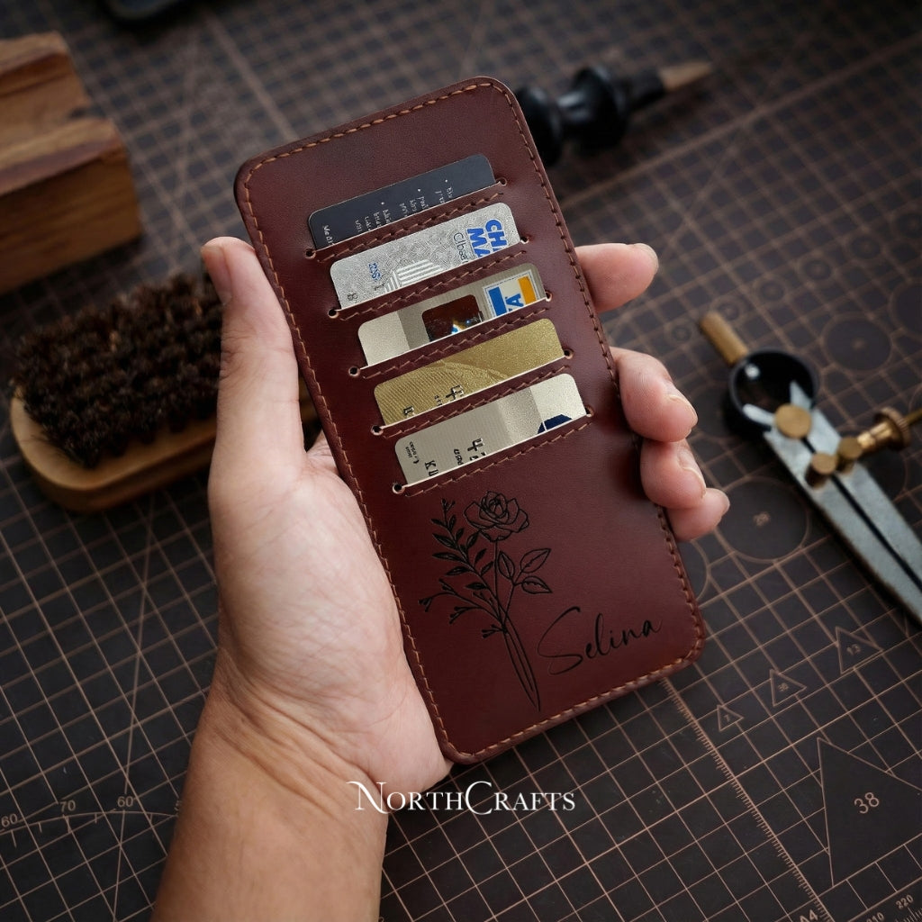 Personalized Handcrafted Birth Flower Minimal Leather Card Holder Wallet – NorthCrafts