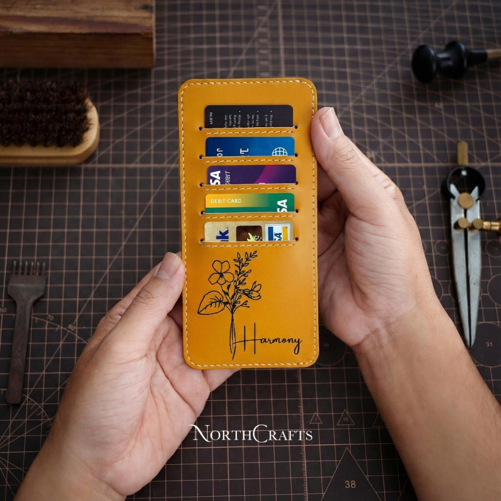 Personalized Handcrafted Birth Flower Minimal Leather Card Holder Wallet – NorthCrafts