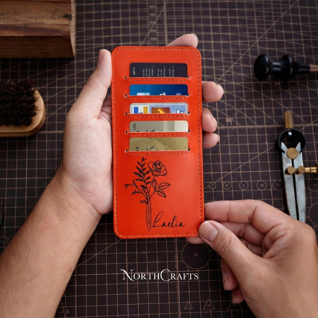 Personalized Handcrafted Birth Flower Minimal Leather Card Holder Wallet – NorthCrafts