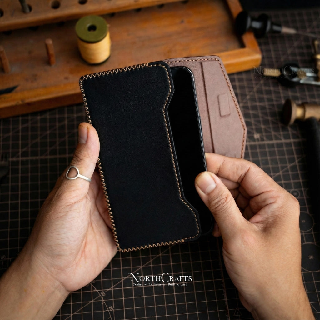 Black Full-Grain Leather Phone Holster with Belt Loop for iPhone 17, 16 & 15 Series – Personalized Handmade – NorthCrafts | NorthCrafts