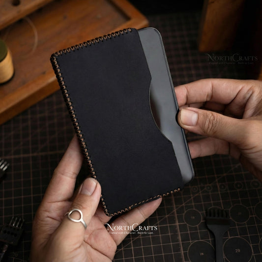Personalized Handcrafted Black Full-Grain Leather Phone Sleeve for Samsung Galaxy Z, S, A & M Series – NorthCrafts