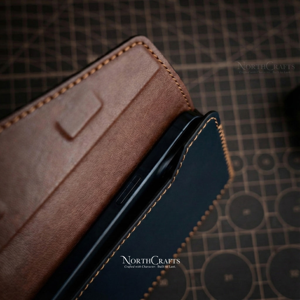 Blue Leather Phone Holster with Belt Loop for iPhone 15 Series, iPhone 16 Series & iPhone 17 Series – Personalized Handmade – NorthCrafts | NorthCrafts