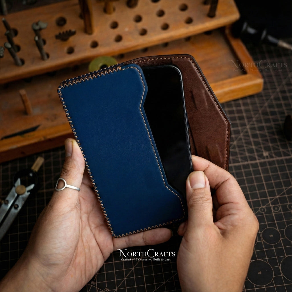 Blue Leather Phone Holster with Belt Loop for iPhone 15 Series, iPhone 16 Series & iPhone 17 Series – Personalized Handmade – NorthCrafts | NorthCrafts
