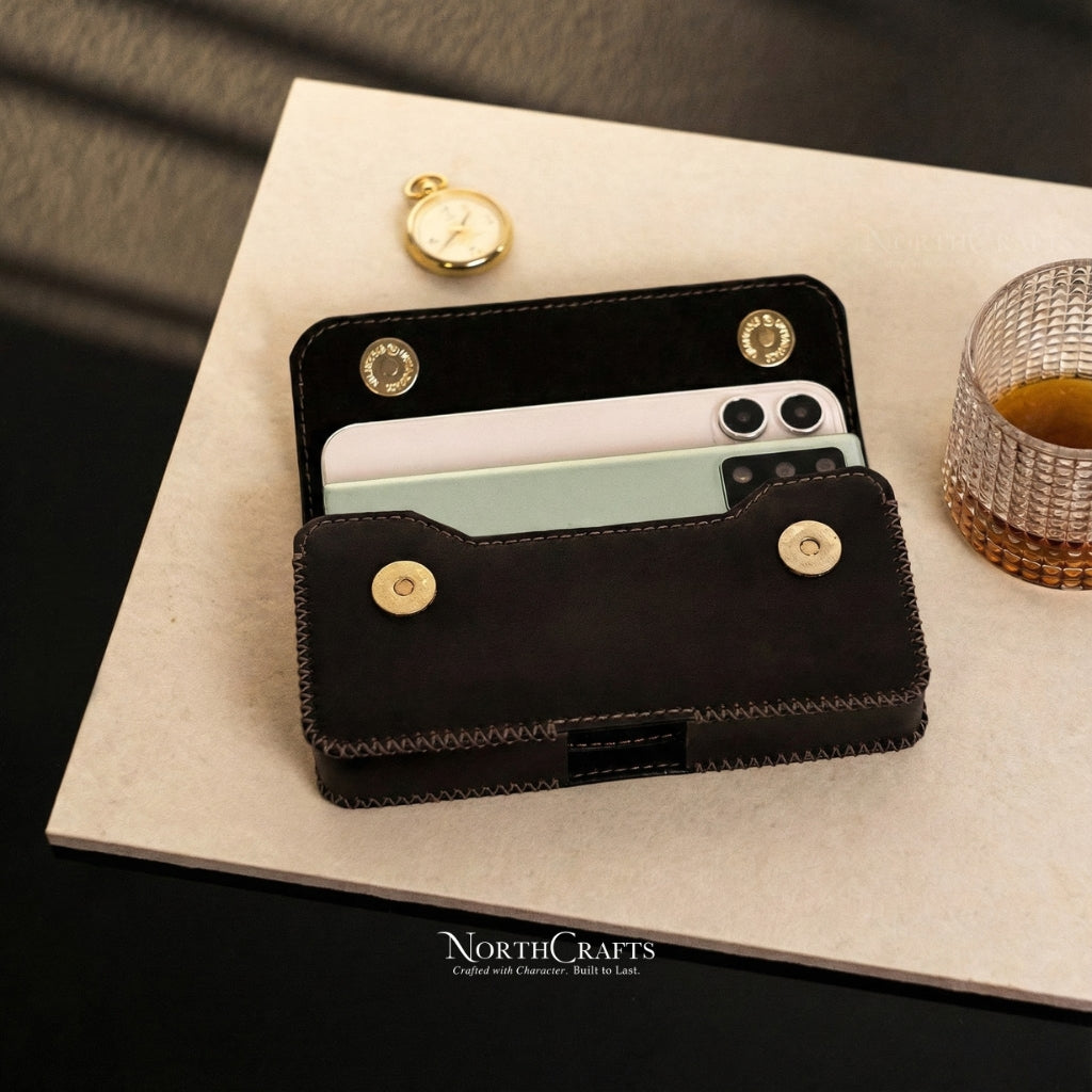 Personalized Handcrafted Leather Double Phone Holder with Belt Loop for Samsung Galaxy Z Series, S Series, A Series & M Series – NorthCrafts