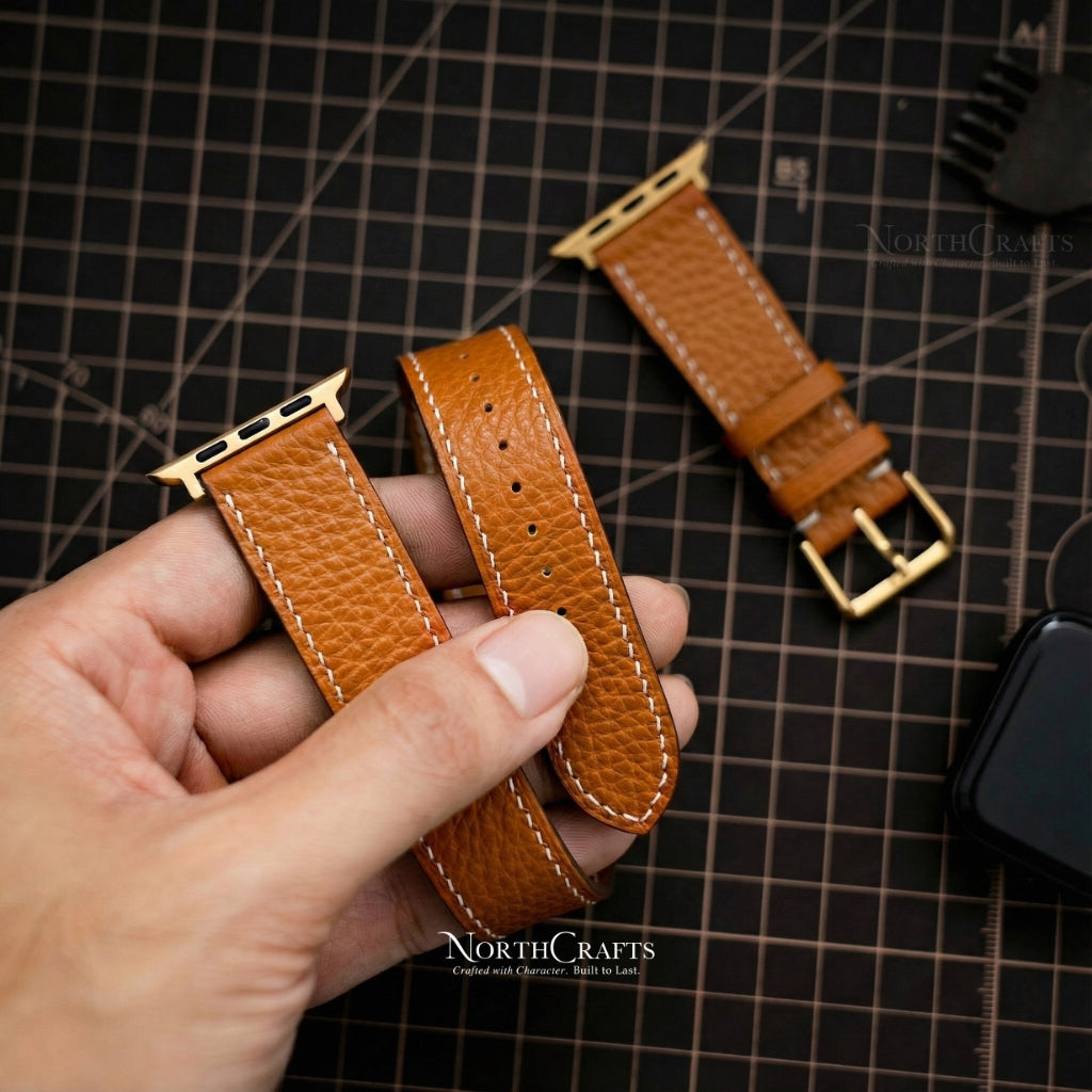 Personalized Handcrafted Leather Double Wrap iWatch Long Band (38mm–49mm) for Apple Watch Series SE2, 11, 10, 9, 8 & 7 – NorthCrafts