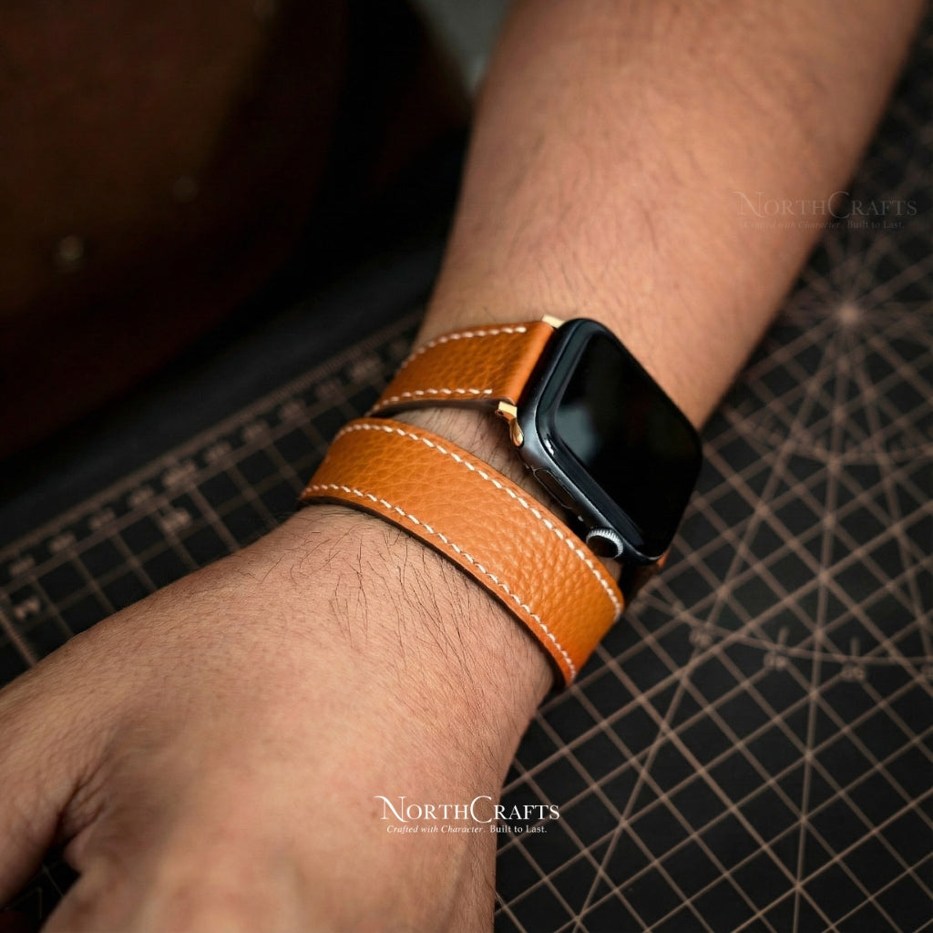 Personalized Handcrafted Leather Double Wrap iWatch Long Band (38mm–49mm) for Apple Watch Series SE2, 11, 10, 9, 8 & 7 – NorthCrafts
