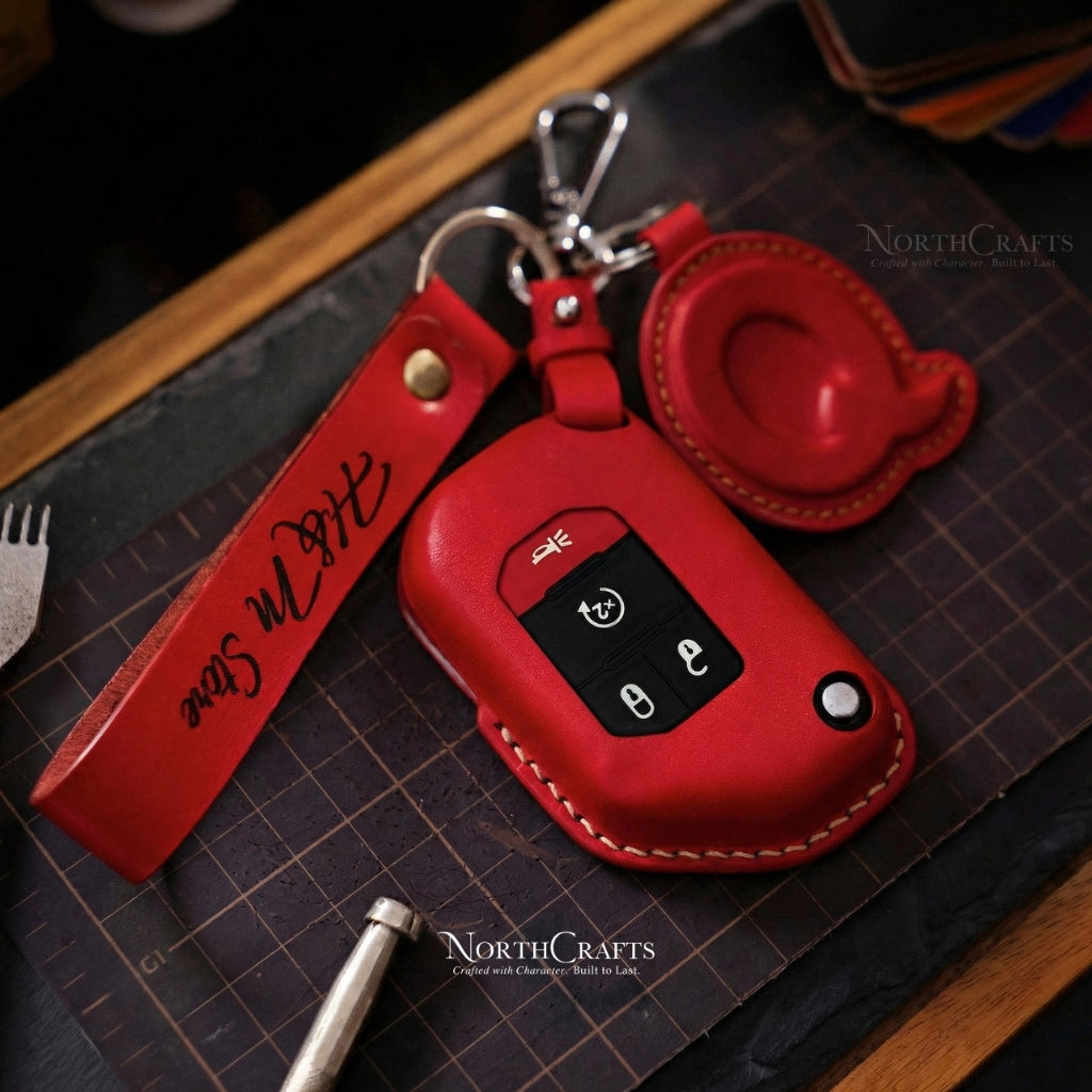 Leather Key Fob Cover for Gladiator JT, Sahara, Wrangler JK, JLU & Rubicon – Personalized Handmade – NorthCrafts | NorthCrafts