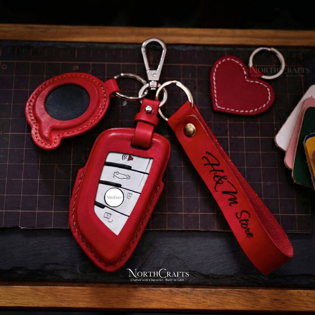 Leather Key Fob Cover with Strap and Initial Charm for BMW X1, X2, X3, X5, X6 & 7 Series – Personalized Handmade – NorthCrafts | NorthCrafts