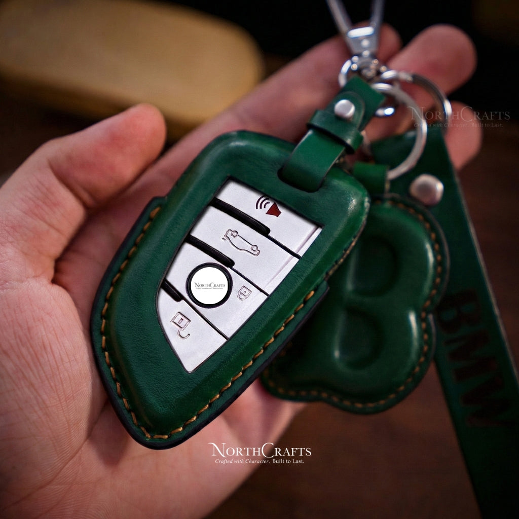 Leather Key Fob Cover with Strap and Initial Charm for BMW X1, X2, X3, X5, X6 & 7 Series – Personalized Handmade – NorthCrafts | NorthCrafts