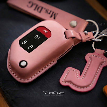 Leather Key Fob Cover with Strap and Initial Charm for Wrangler JL, JLU & Rubicon – Personalized Handmade – NorthCrafts | NorthCrafts