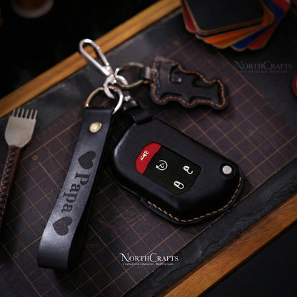 Leather Key Fob Cover with Strap and Initial Charm for Wrangler JL, JLU & Rubicon – Personalized Handmade – NorthCrafts | NorthCrafts