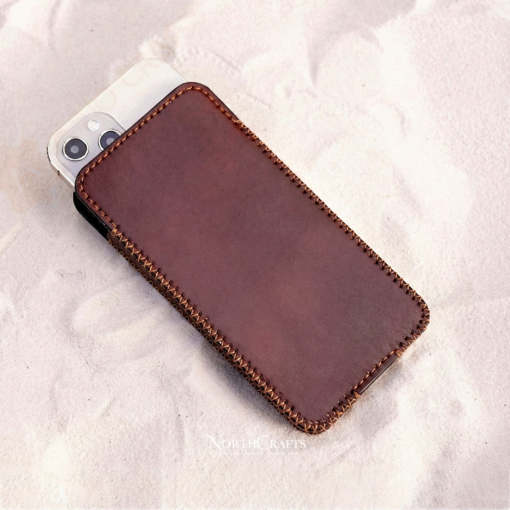 Personalized Handcrafted Leather Phone Sleeve for iPhone 15 Series, iPhone 14 Series & iPhone 13 Series – NorthCrafts