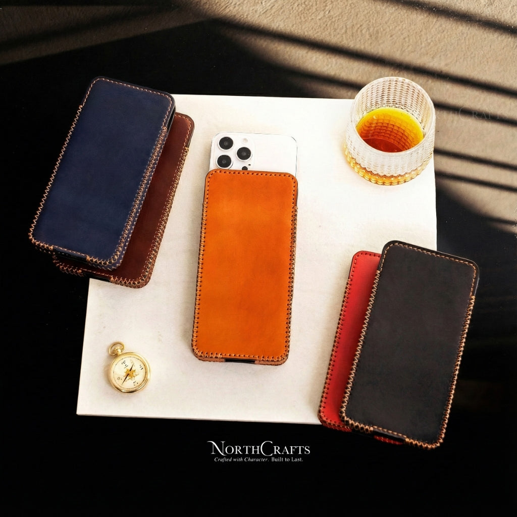Personalized Handcrafted Leather Phone Sleeve for iPhone 15 Series, iPhone 14 Series & iPhone 13 Series – NorthCrafts