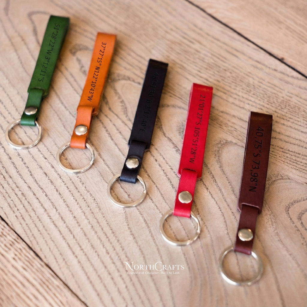 Leather Wristlet Loop Keychain with Coordinates – Personalized Handmade – NorthCrafts | NorthCrafts