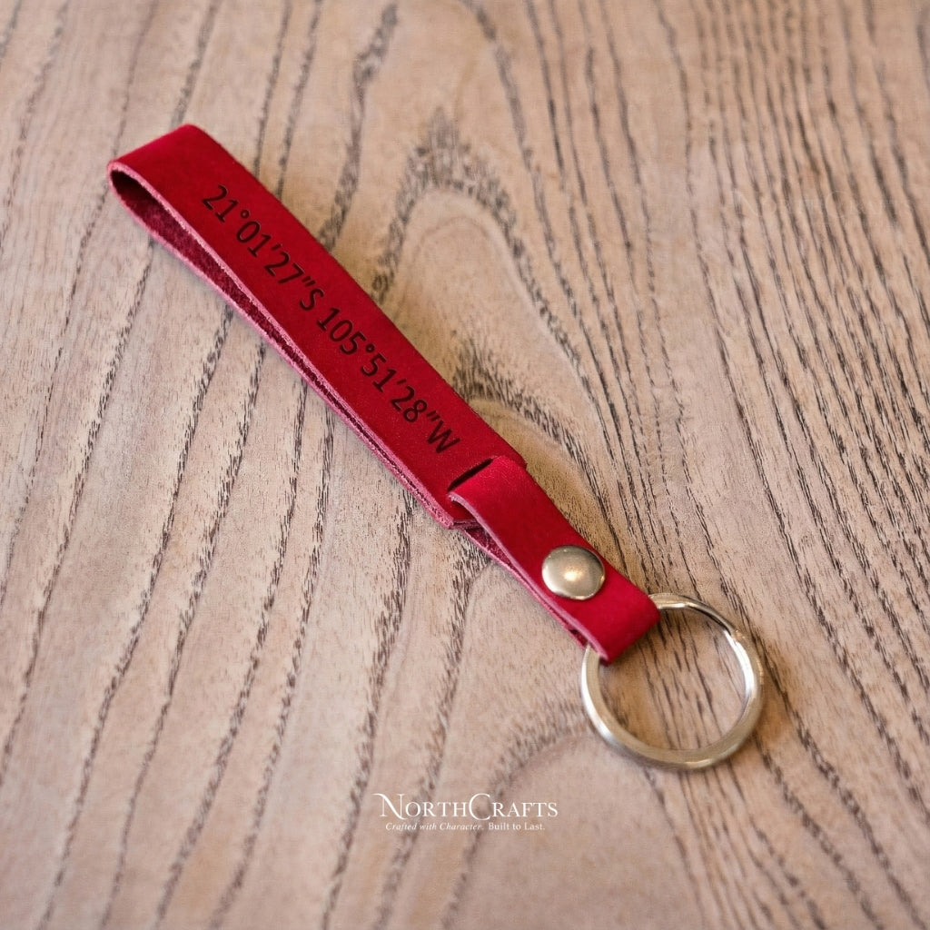 Leather Wristlet Loop Keychain with Coordinates – Personalized Handmade – NorthCrafts | NorthCrafts