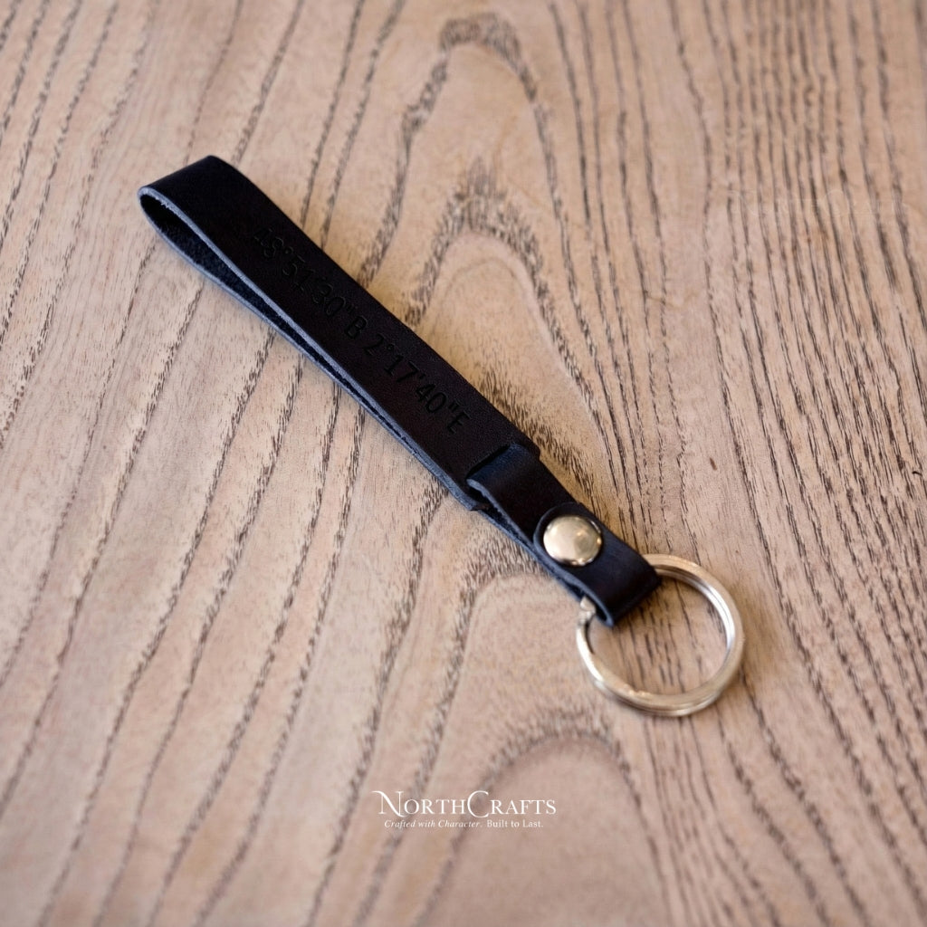 Leather Wristlet Loop Keychain with Coordinates – Personalized Handmade – NorthCrafts | NorthCrafts