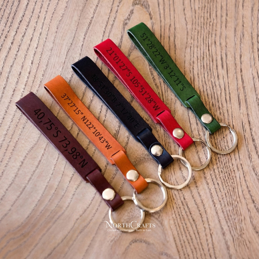 Personalized Handcrafted Leather Wristlet Loop Keychain with Coordinates – NorthCrafts