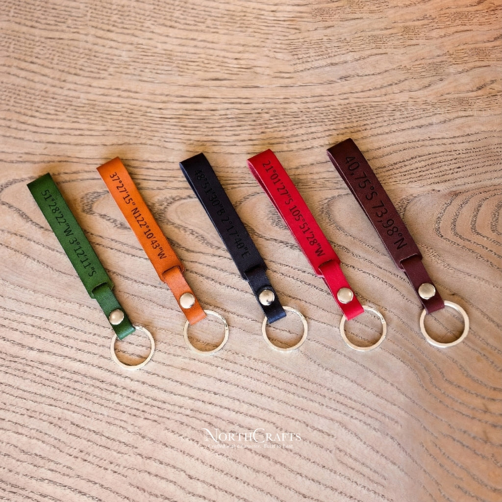 Personalized Handcrafted Leather Wristlet Loop Keychain with Coordinates – NorthCrafts