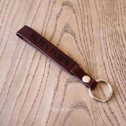 Leather Wristlet Loop Keychain with Coordinates – Personalized Handmade – NorthCrafts | NorthCrafts
