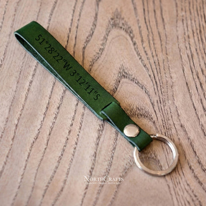 Leather Wristlet Loop Keychain with Coordinates – Personalized Handmade – NorthCrafts | NorthCrafts