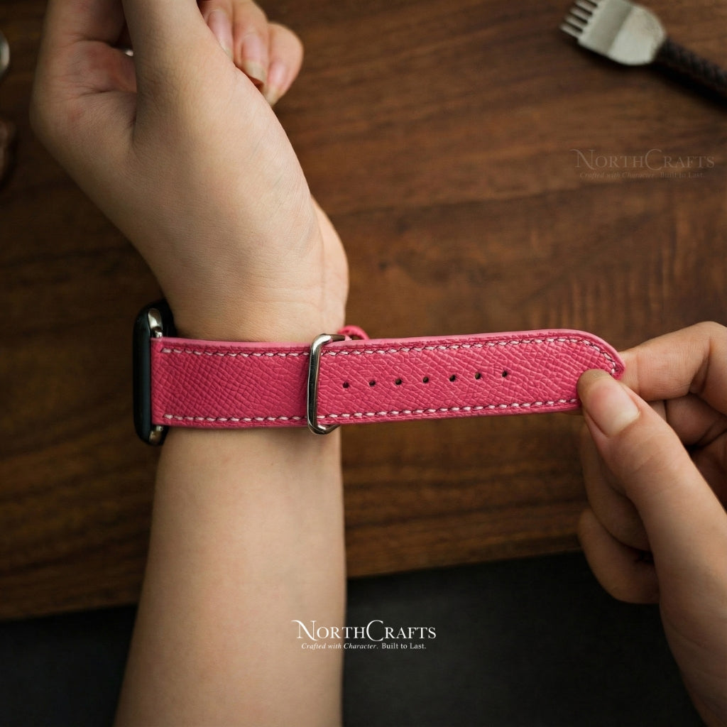 Personalized Handcrafted Mallow Pink Leather iWatch Band (38mm–49mm) for Apple Watch Series SE2, 11, 10, 9, 8 & 7 – NorthCrafts