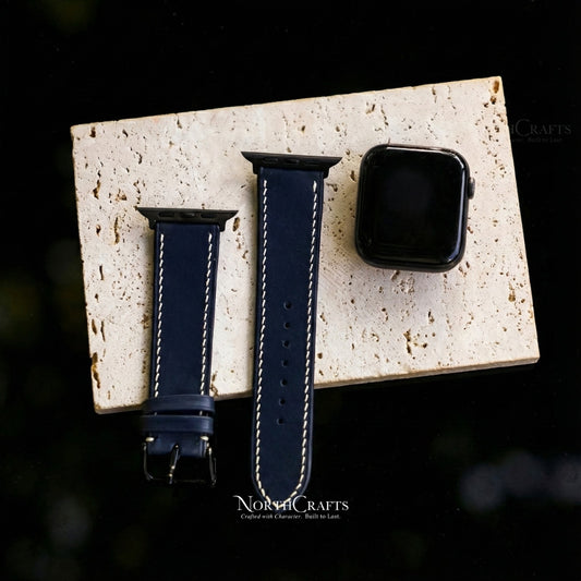 Personalized Handcrafted Navy Leather iWatch Band (38mm–49mm) for Apple Watch Series SE2, 11, 10, 9, 8 & 7 – NorthCrafts