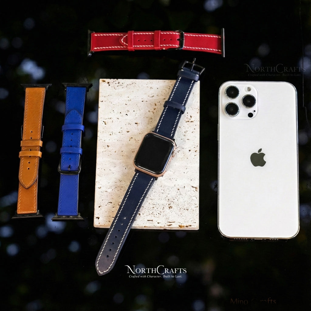 Personalized Handcrafted Navy Leather iWatch Band (38mm–49mm) for Apple Watch Series SE2, 11, 10, 9, 8 & 7 – NorthCrafts